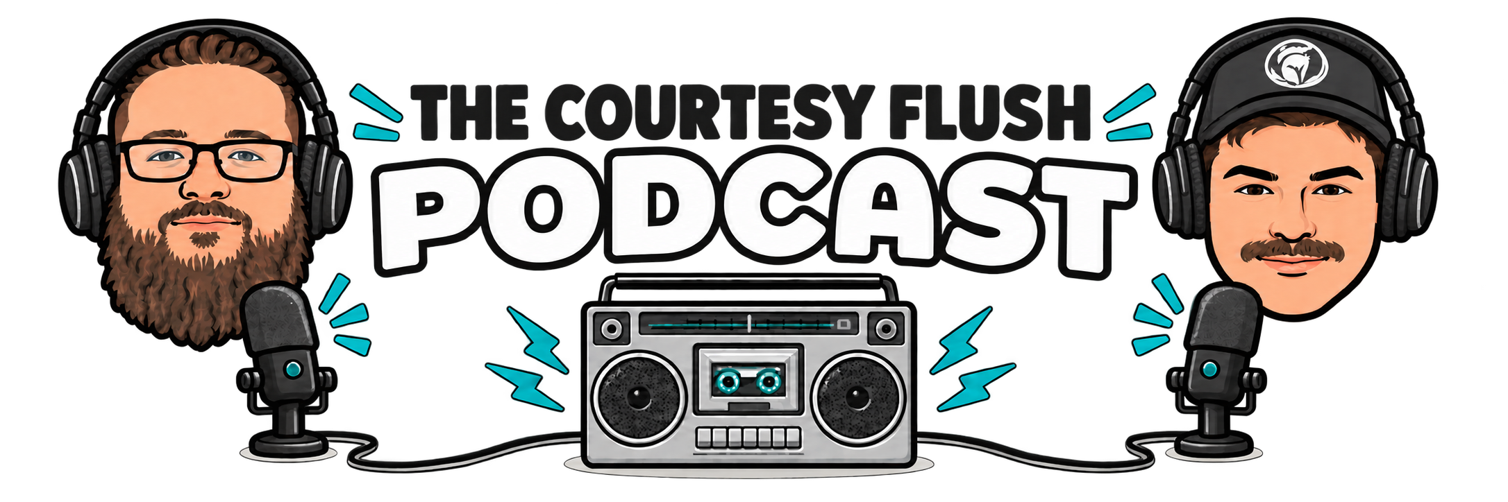 The Courtesy Flush Podcast, hosted by Brandon and Mikey wearing broadcast headsets